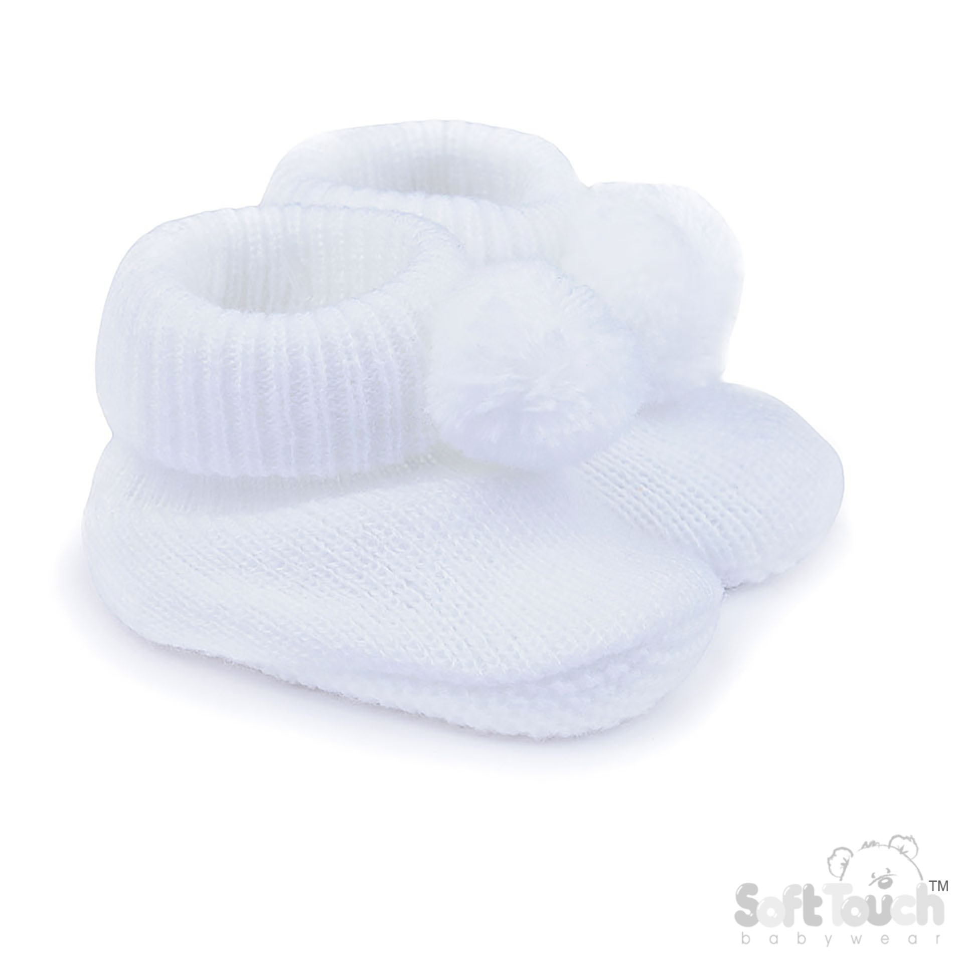 White Acyrlic Bootees W/Pom Pom No. B455-W