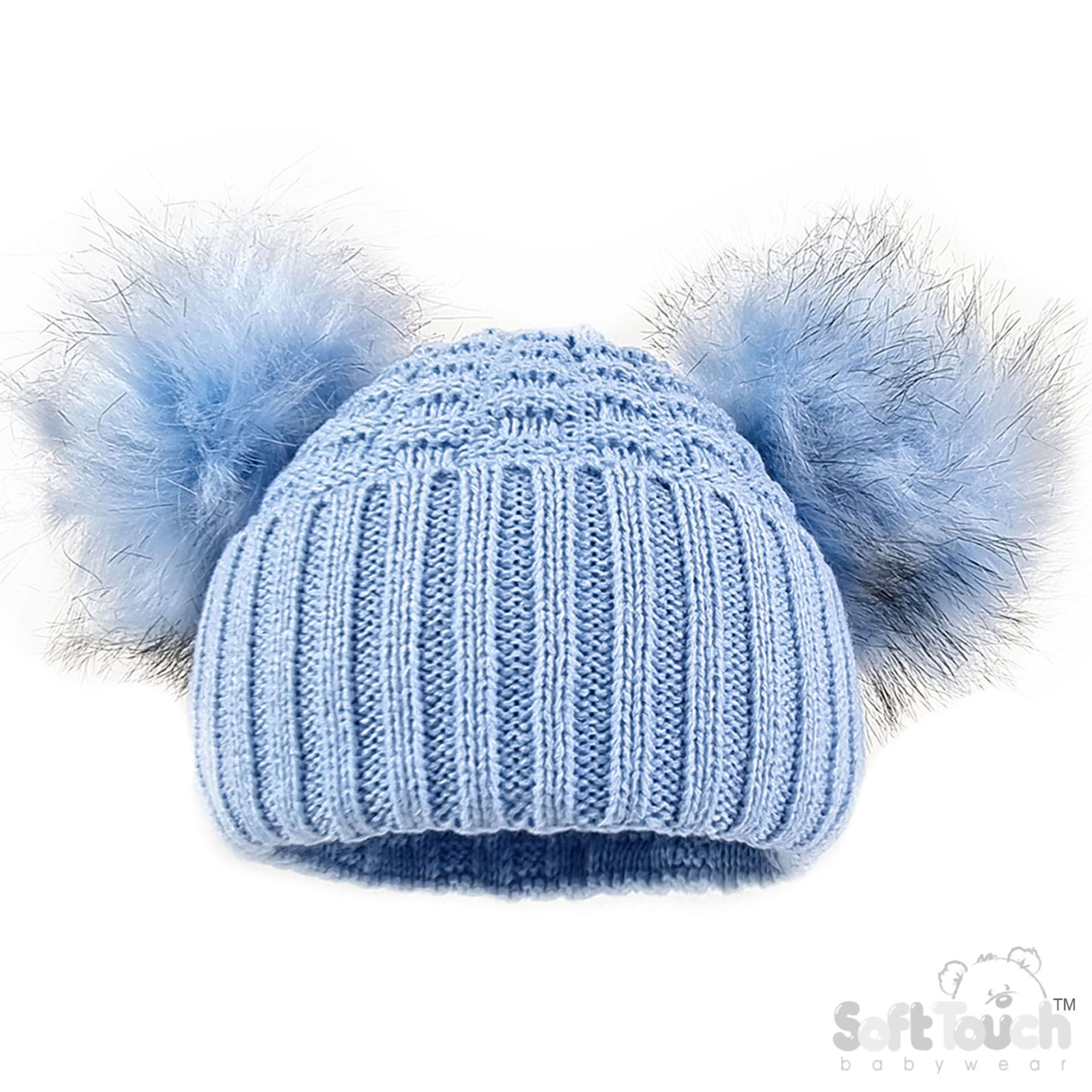 Deluxe Baby Blue Checked/Striped Hat w/Pom Poms No. H674-BB