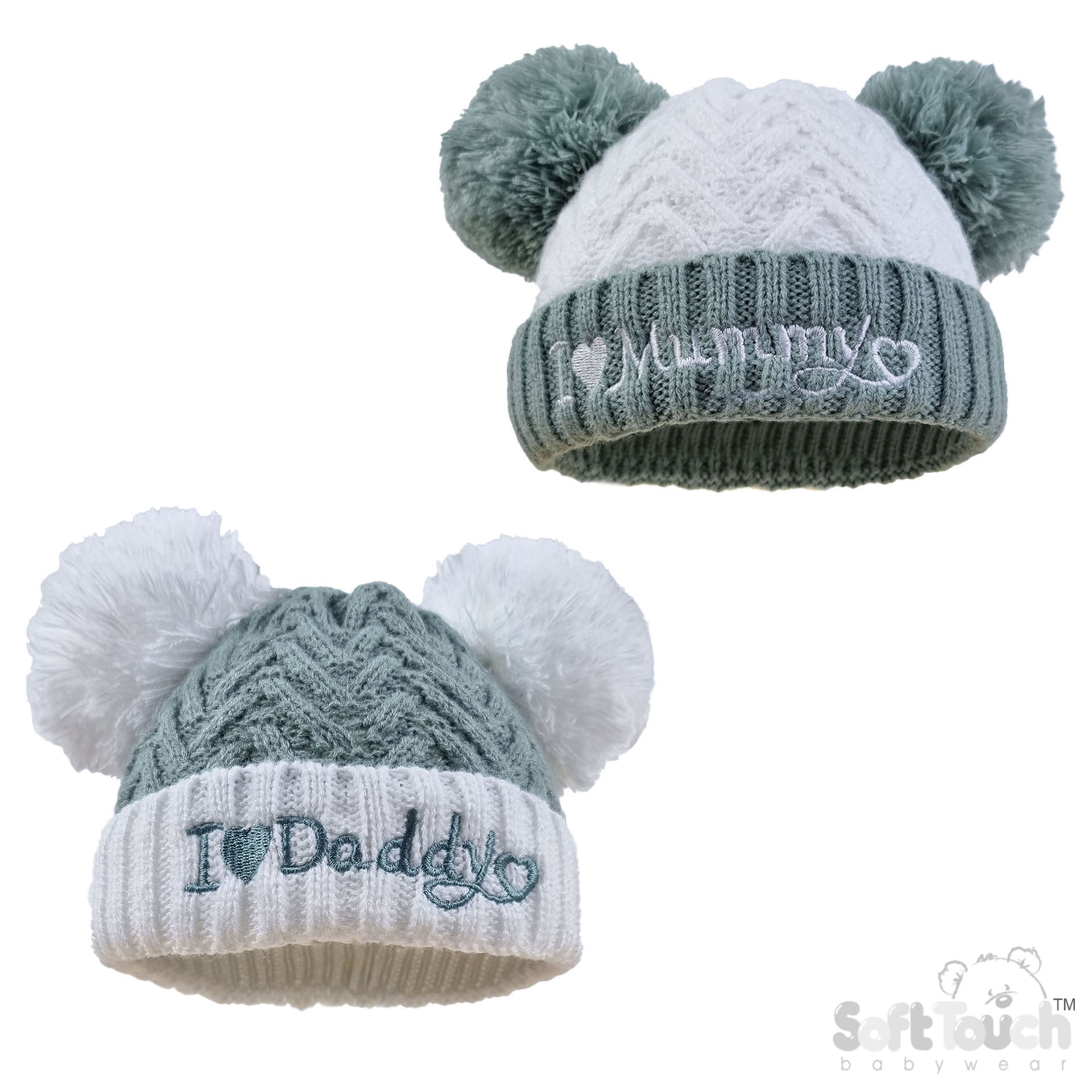 Sage Green Infants (NB-12m) Acrylic I Love Mummy/Daddy Hat w/Pom Pom : H682-SG
