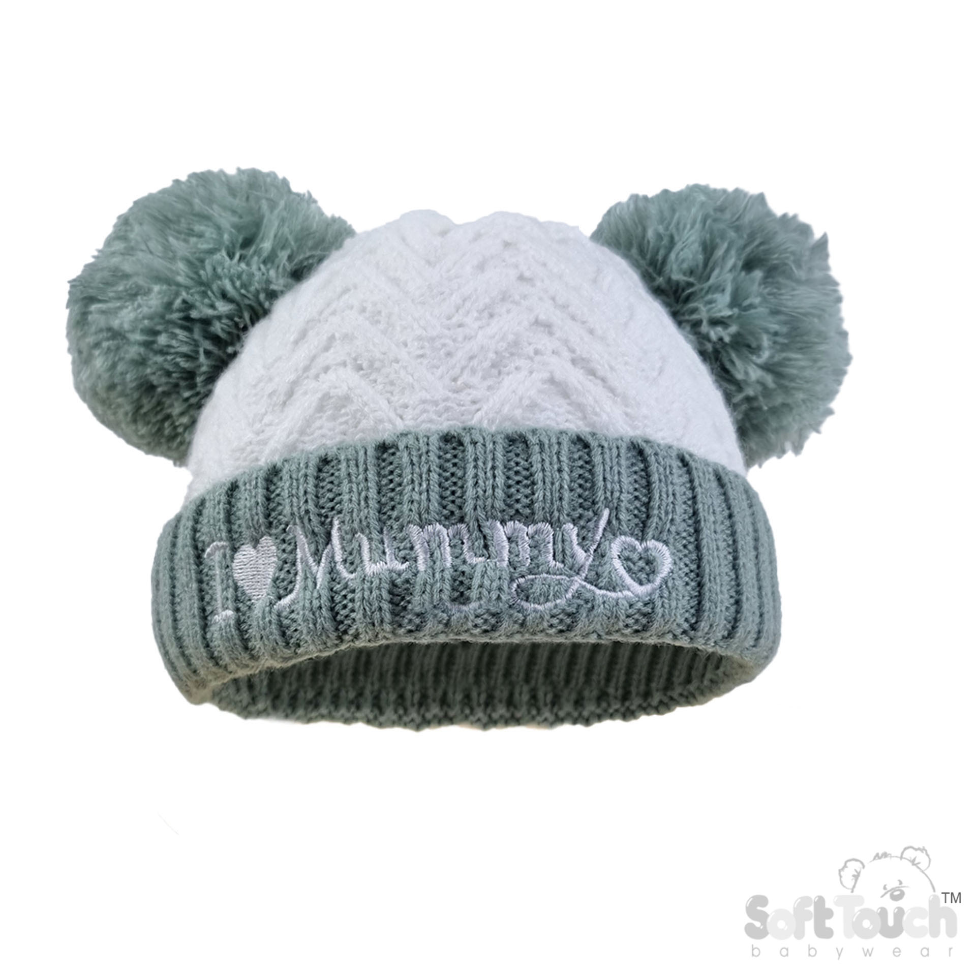 Sage Green Infants (NB-12m) Acrylic I Love Mummy/Daddy Hat w/Pom Pom : H682-SG
