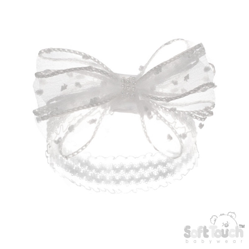 White Lace Headband w/Organza/Pearl Bow : HB98-W