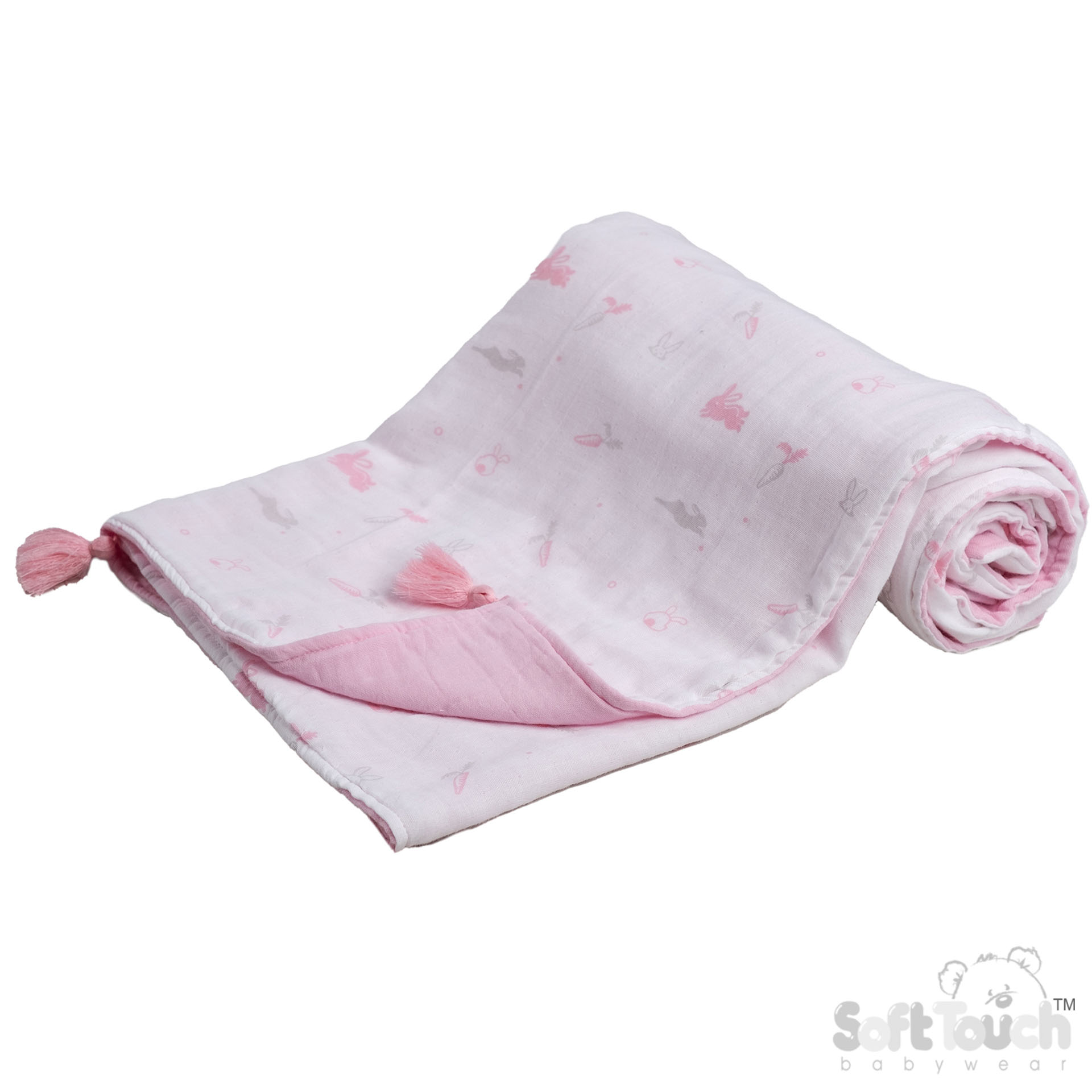 White/Pink Bunny Printed Muslin Wrap with Tassels No. MS500-P