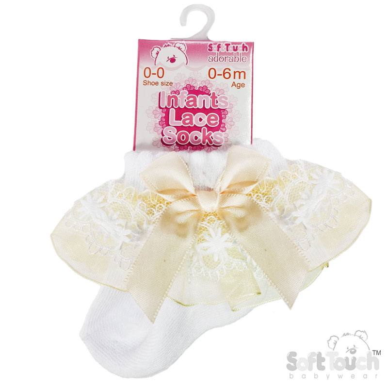 White Sock W/Lemon Organza Lace & Bow No. S115-WL