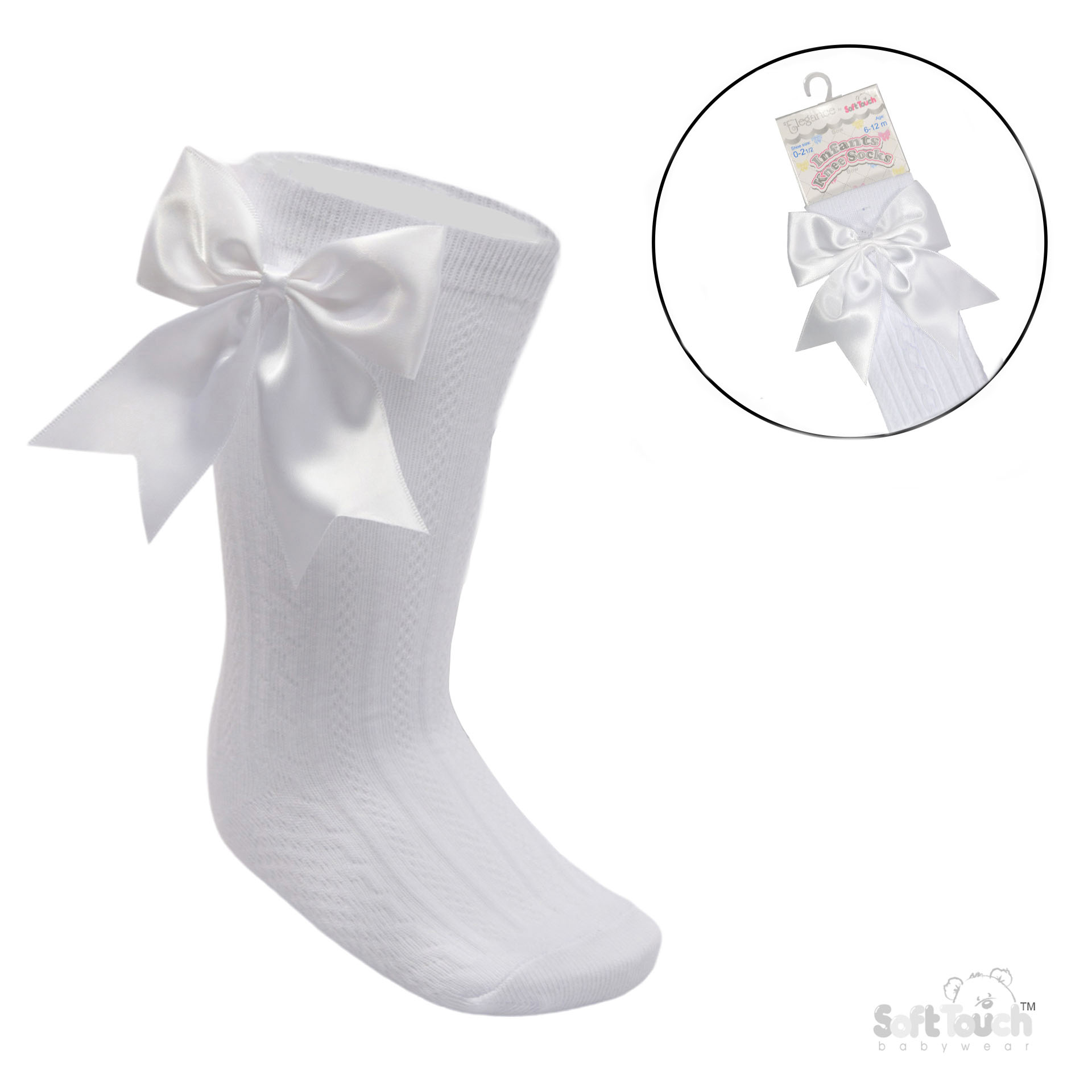 White 'Elegance' Knee Length Socks w/Satin Bow : S350-W -6-12